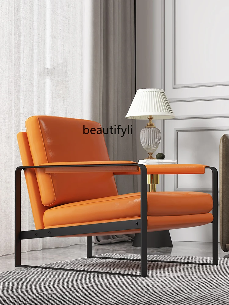 zqNordic Living Room Single Sofa Balcony Light Luxury Wingback Chair Orange Leisure Chair Italian Household Leather Chair