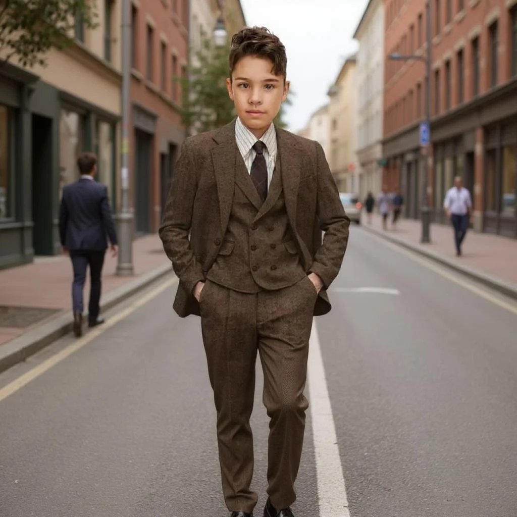 

Tweed Herringbone Boys Suits 3 Pieces Slim Fit Formal Wedding Kids Tuxedo for Prom Dance 3-16 Years Old Child Suit Set
