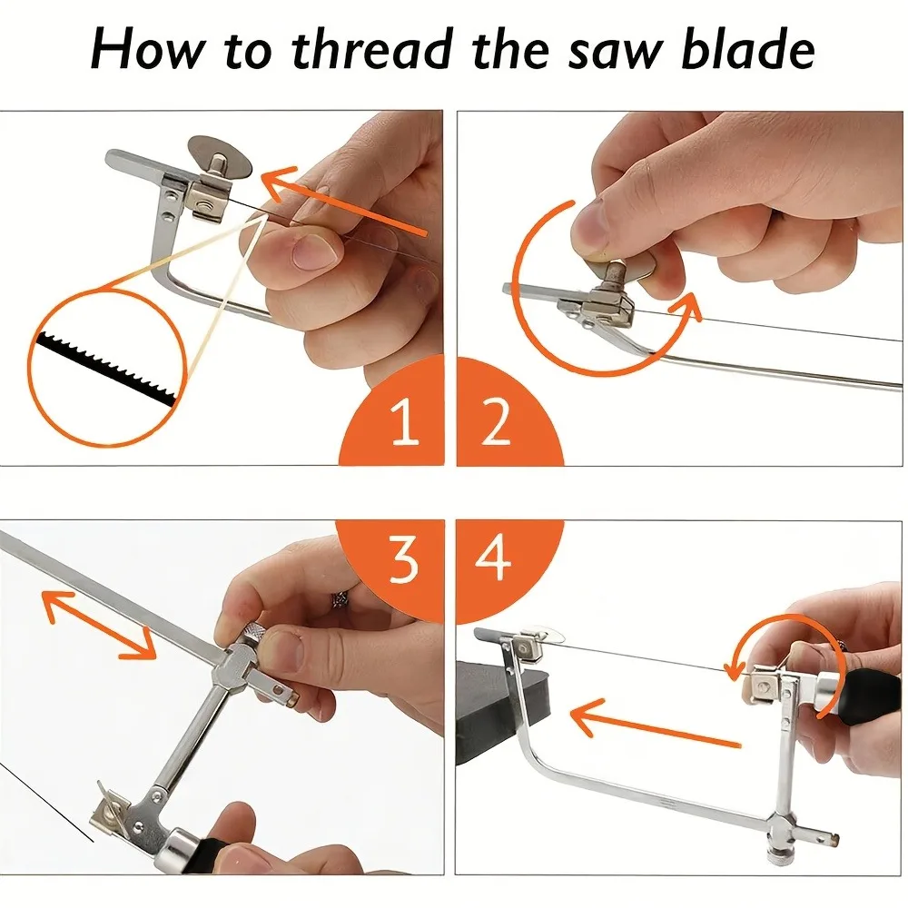 Adjustable U‑Shape Jewelers Saw Frame Mini Hand Hacksaw with 12 Spiral Blades Portable Craft Cutting Tool for DIY Jewelry Making