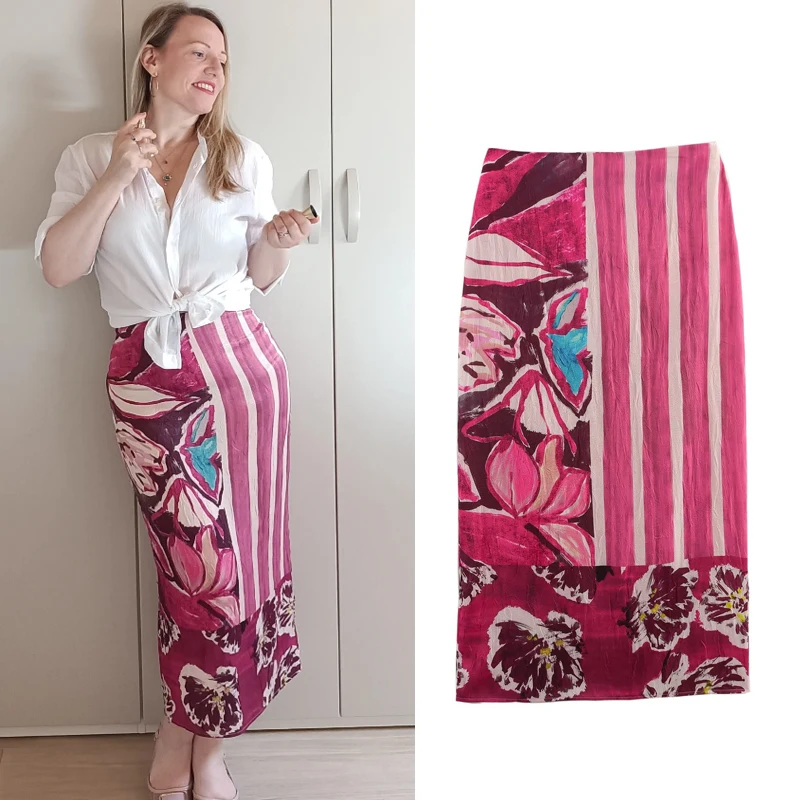 

Женские юбки Розовые атласные длинные юбки с принтом Летняя женская юбка-миди с высокой талией 2026 Новое элегантное винтажное прямое платье для женщин