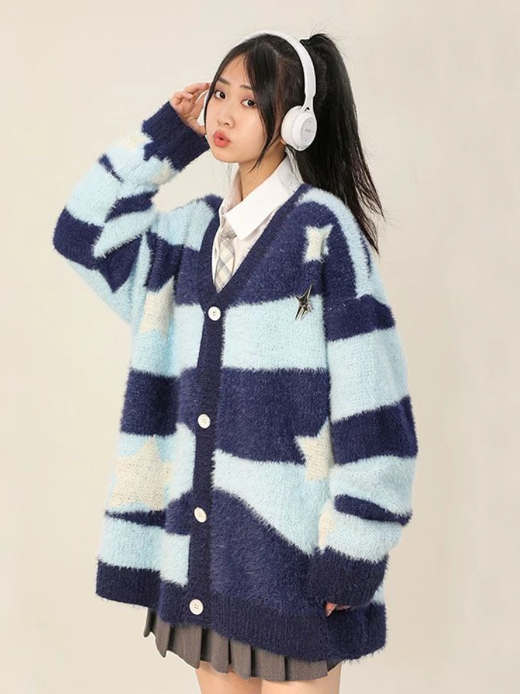 Korobov Stripe Contrasting Colors Cardigan Y2k Harajuku Style V Neck Oversized Sweater Single Breasted Korean Fashion Knitwears