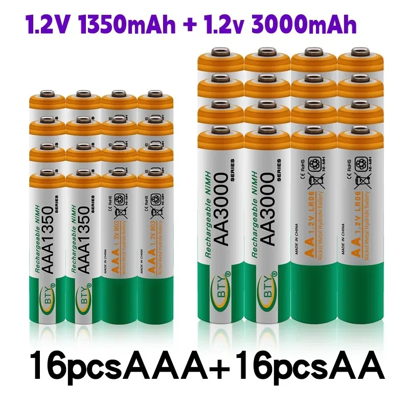 100% New 1.2V AA 3000mAh NI-MH Rechargeable Batteries+AAA battery 1350 mAh Rechageable battery NI-MH 1.2 V AAA battery