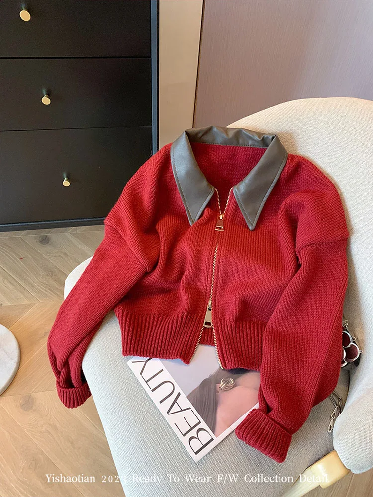 Harajuku Red Cashmere Top Turn-Down Collar Cozy Sweater Knitted Cardigans Gyaru Korean Autumn Winter 2000s Aesthetic High Street