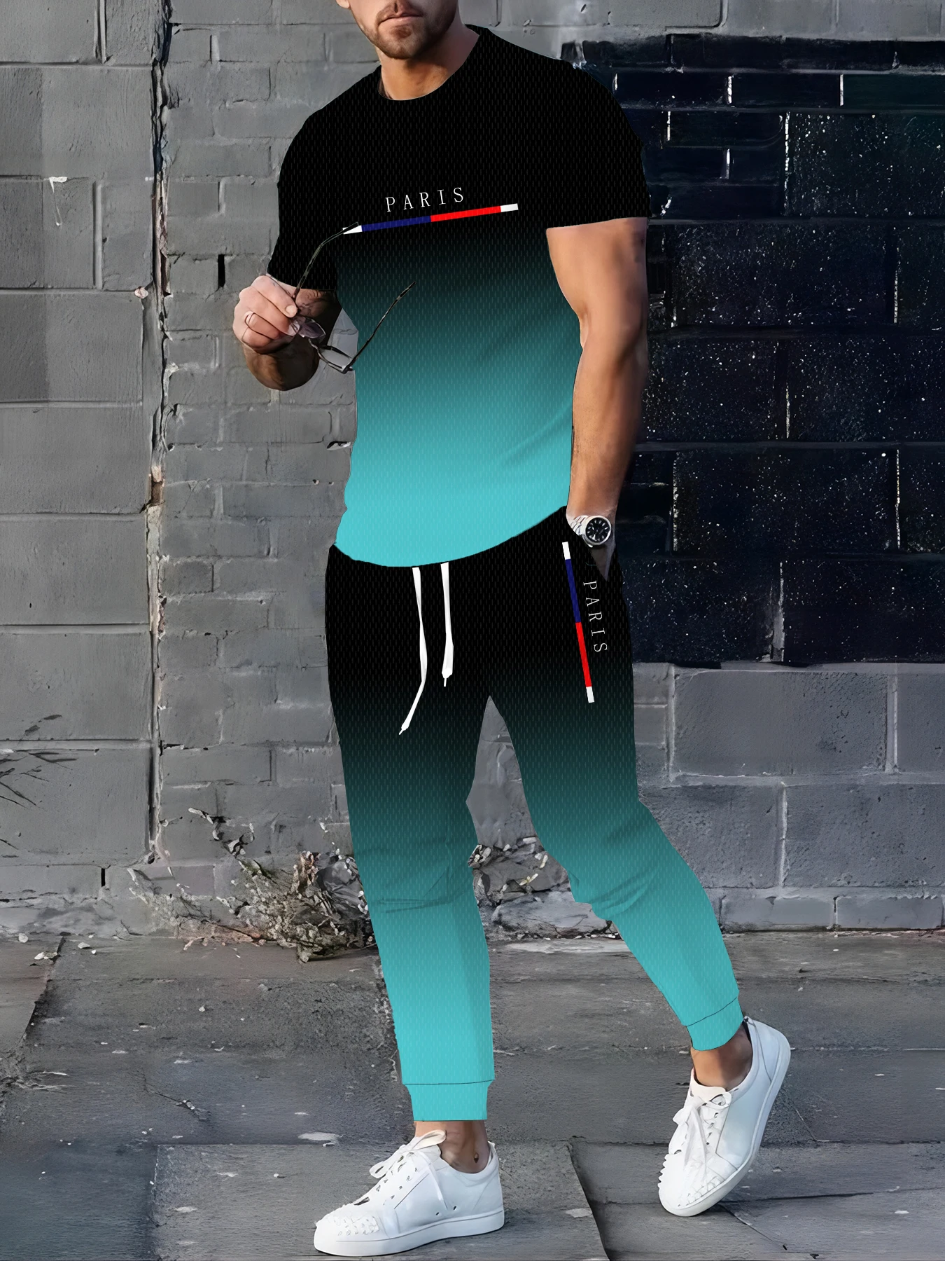 

New Stripe Print Men's T-shirt Street Style Men's Fashion Trousers Autumn And Winter Men's Warm T-shirt And Trousers Set