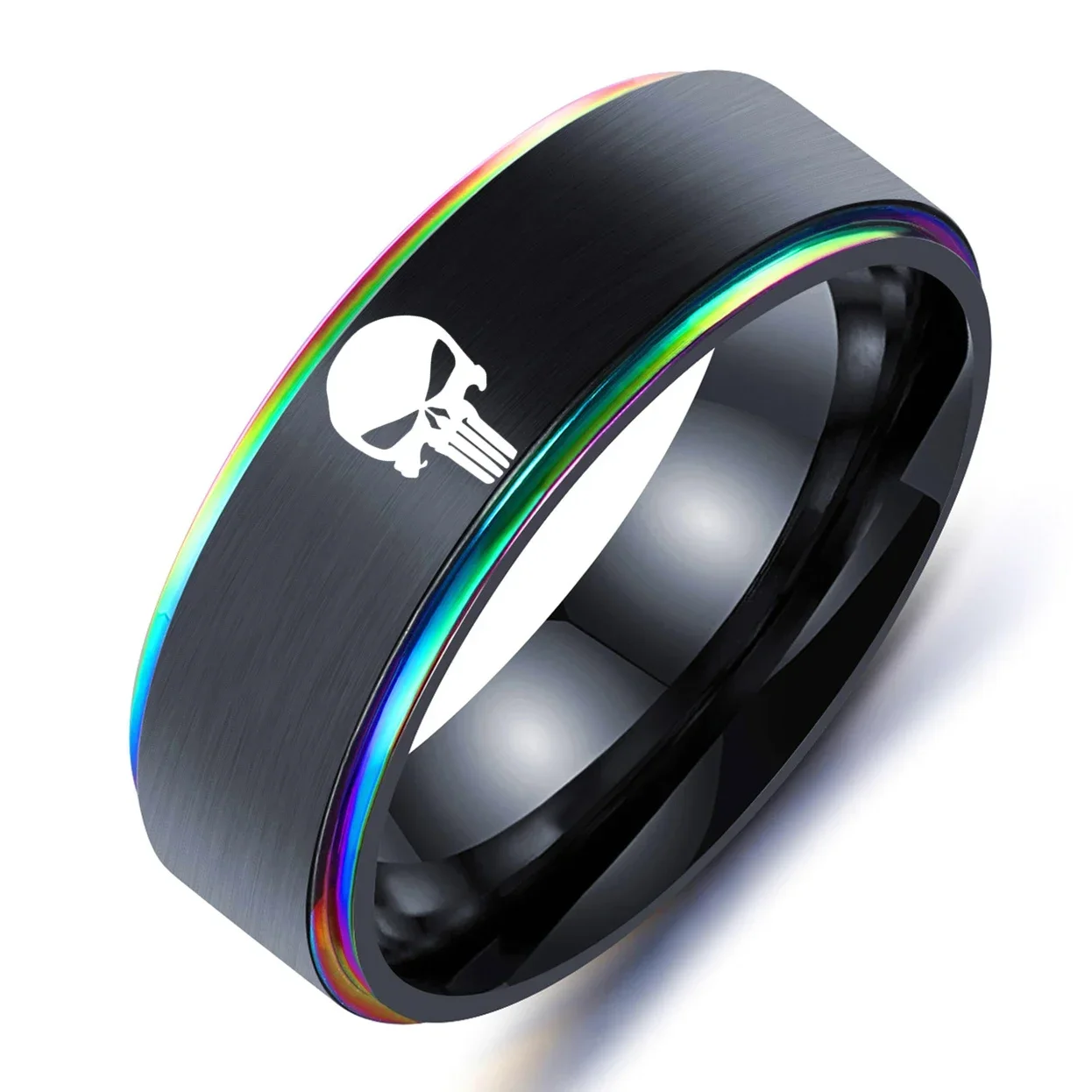 Brand Jewelrys Stainless Steel Skull Punisher Ring Black Color Engraved Skeleton Logo Ring Party Gift