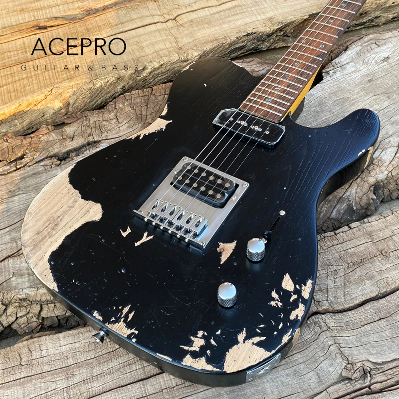 Acepro Handmade Relic Electric Guitar ASH Body, Grover Tuners, P90+Humbucker Pickups, Abalone Inlays, Free Shipping Guitarra