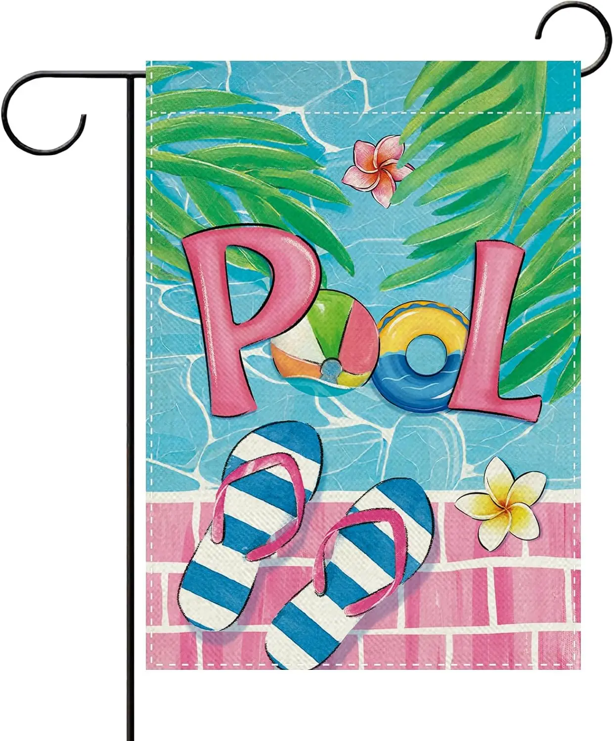 Summer Pool Decorative Garden Flag, Flip Flops Ball Palm Leaves Small Yard Outside Decorations, Hawaii Tropical Burlap Outdo jjp