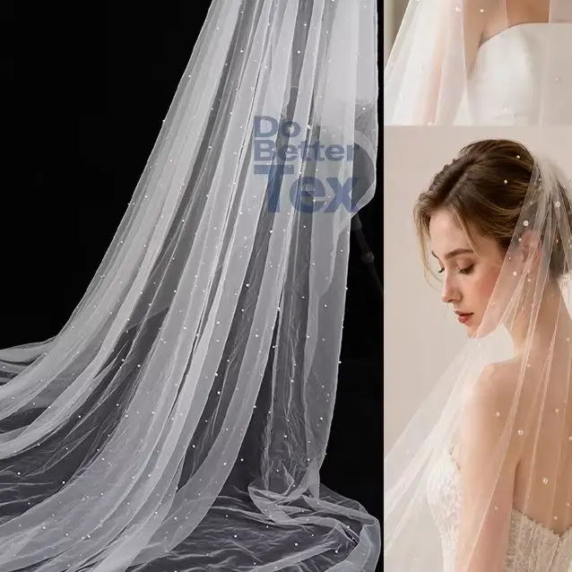 300cm width Pearl single layer cathedral bridal veil with scattered pearls for modern stylish wedding