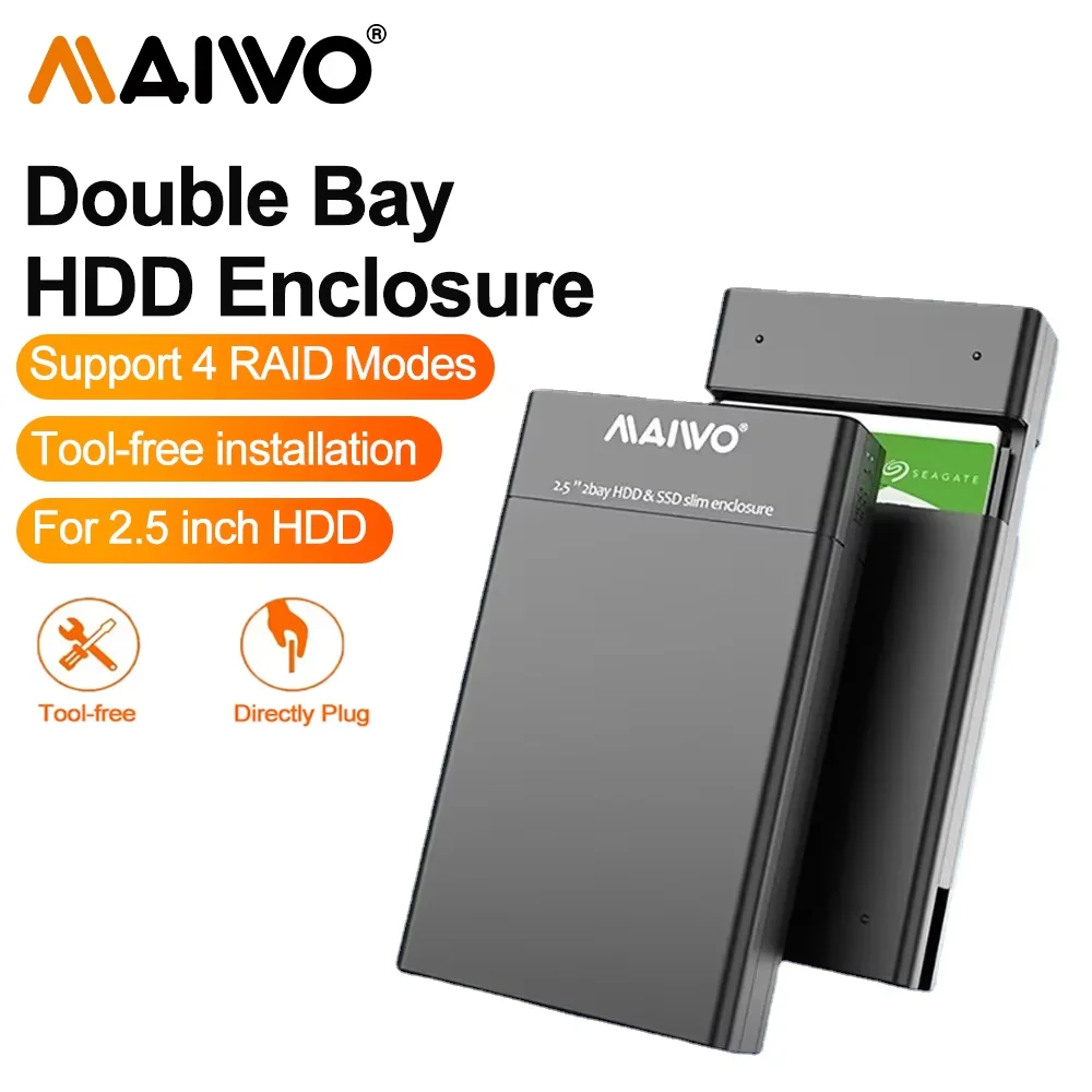 MAIWO 2.5" Dual Bay HDD SSD Enclosure SATA to USB 3.0 External Hard Drive Case with 4 RAID Modes for PC Lapto