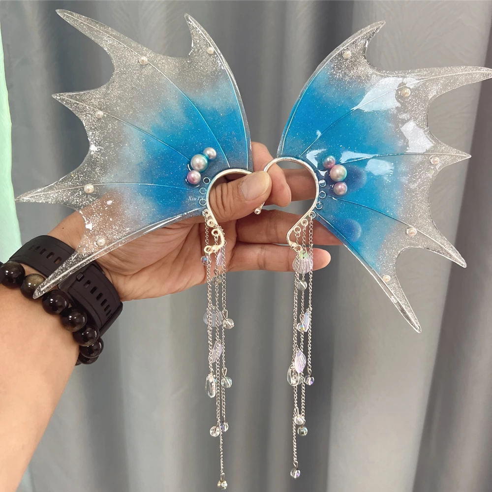 Mermaid Earrings Elf Ear Cuffs Dangling Wing and Shell Tassels Gradient Colors Perfect for Parties Cosplay and Photo Shoots