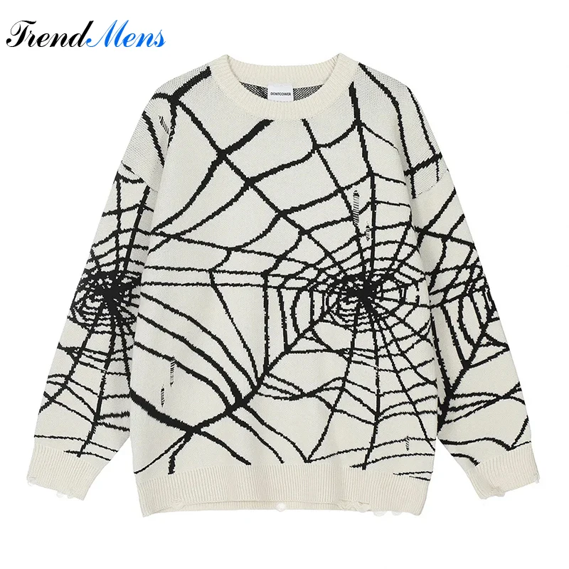 

Spider Web Torn Hole Hook Flower Pullover Men's Loose Dark Trend Street Sweater Comfortable Couple Versatile Printed Top Sueter