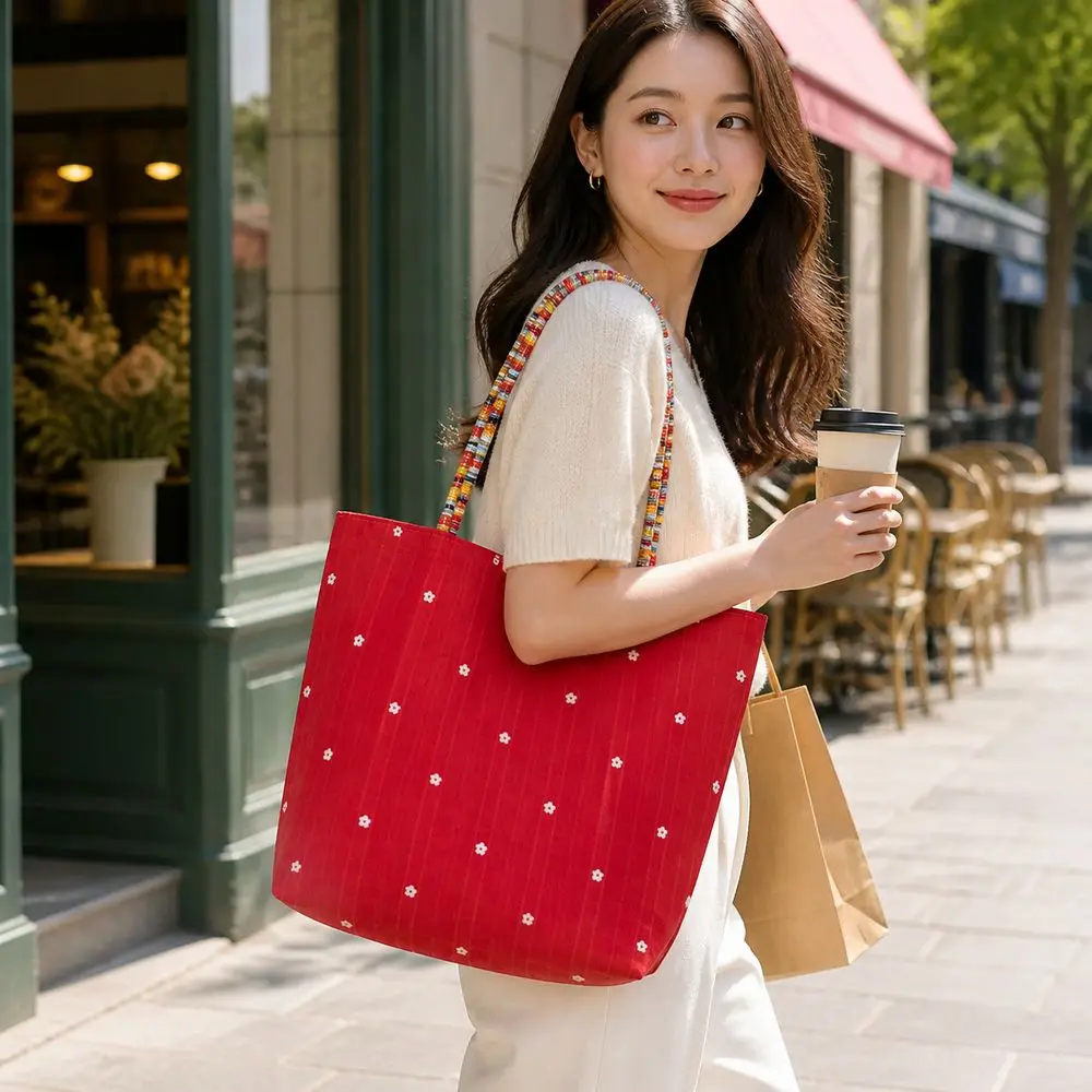 Polyester Floral Tote Bag Red Floral Pattern Contrast Tote Bag Handheld Large Capacity Without Pendant Daily Commuting for Women