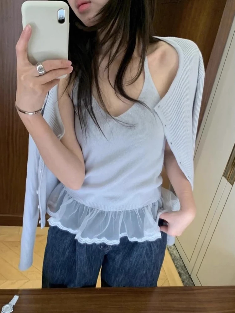 Conjunto de Moda con Diseño Único: Suéter Cárdigan Abierto de Punto con Tirantes Coles y Ribete de Encaje Otoñal Chic
