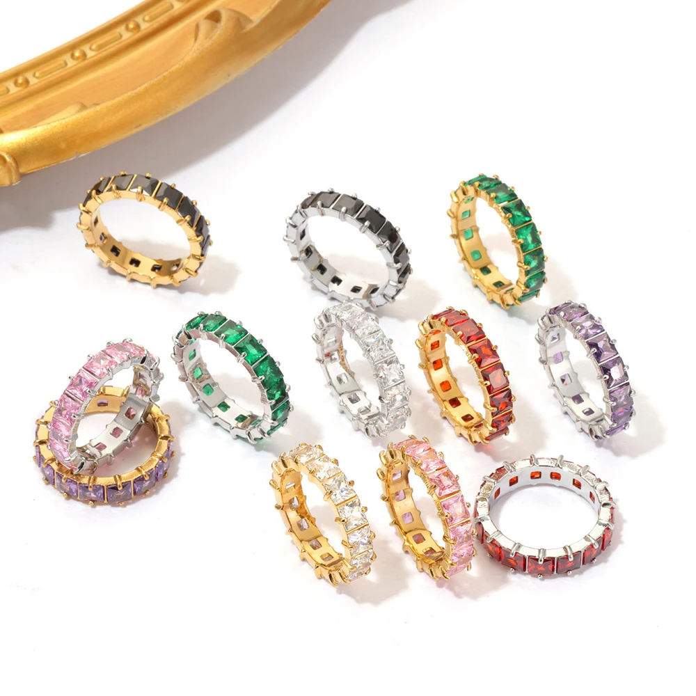Damen Edelstahlring Vergoldet Minimalistischer Statement-Ring mit Bunten Kubischen Zirkonia Modischer Trendschmuck Geschenk – Detail 2