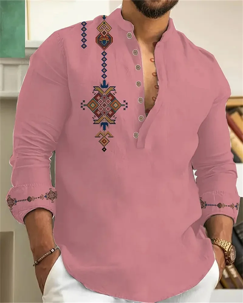 New Men's Henry Collar Linen Long Sleeve Casual Shirt Ethnic Print High Quality Top Fits Everyday
