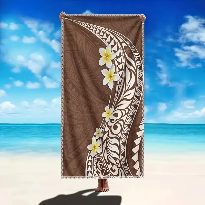 Large Tropical Frangipani Bath Towel Traditional Samoan Tattoo Print Soft Absorbent Microfiber