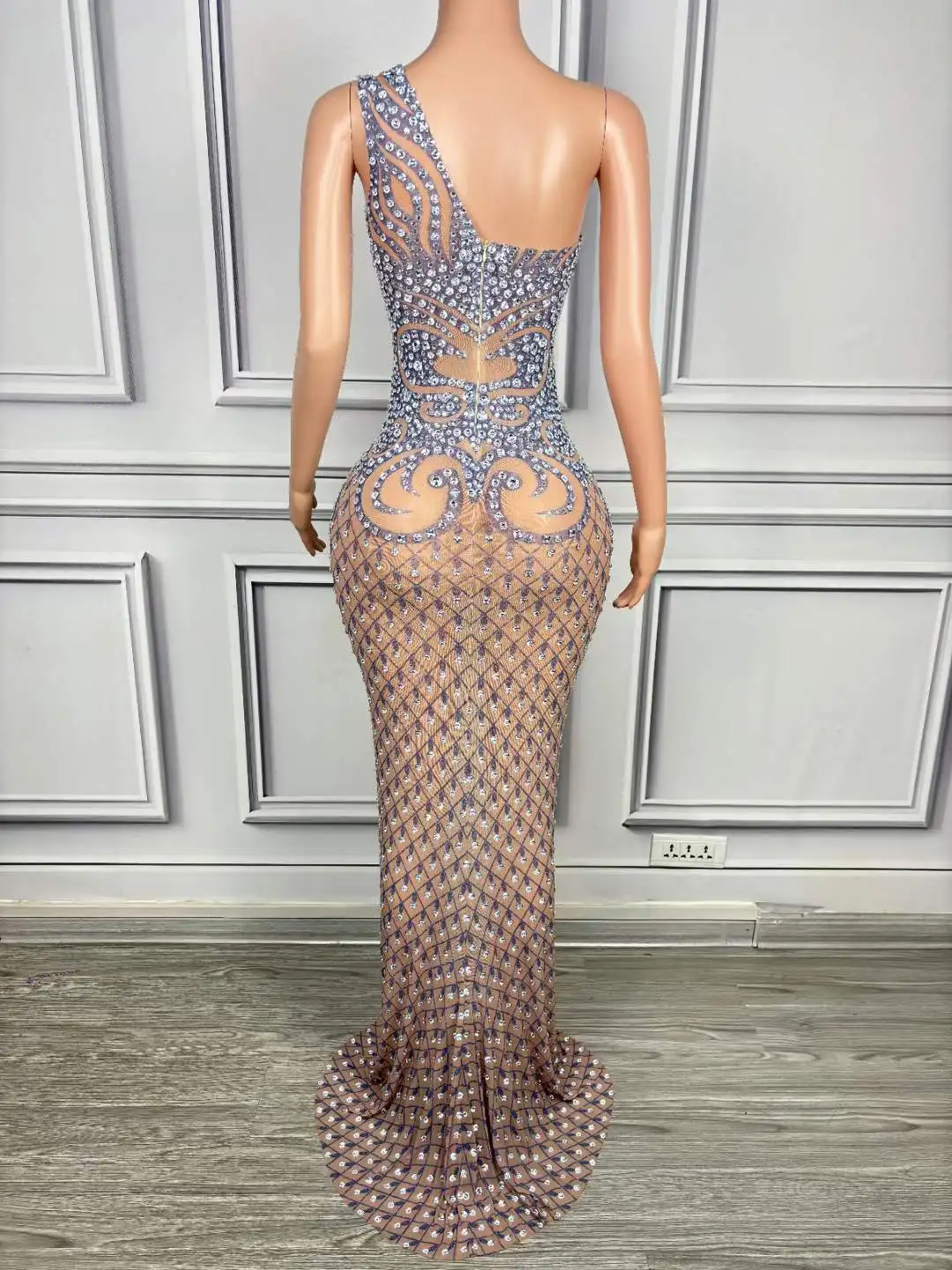 Flash Shinning Sleeveless Rhinestone Crystals Long Dress For Women Mesh Sheer See Thru Show Singer Stage Wear Mardi Gras Bling