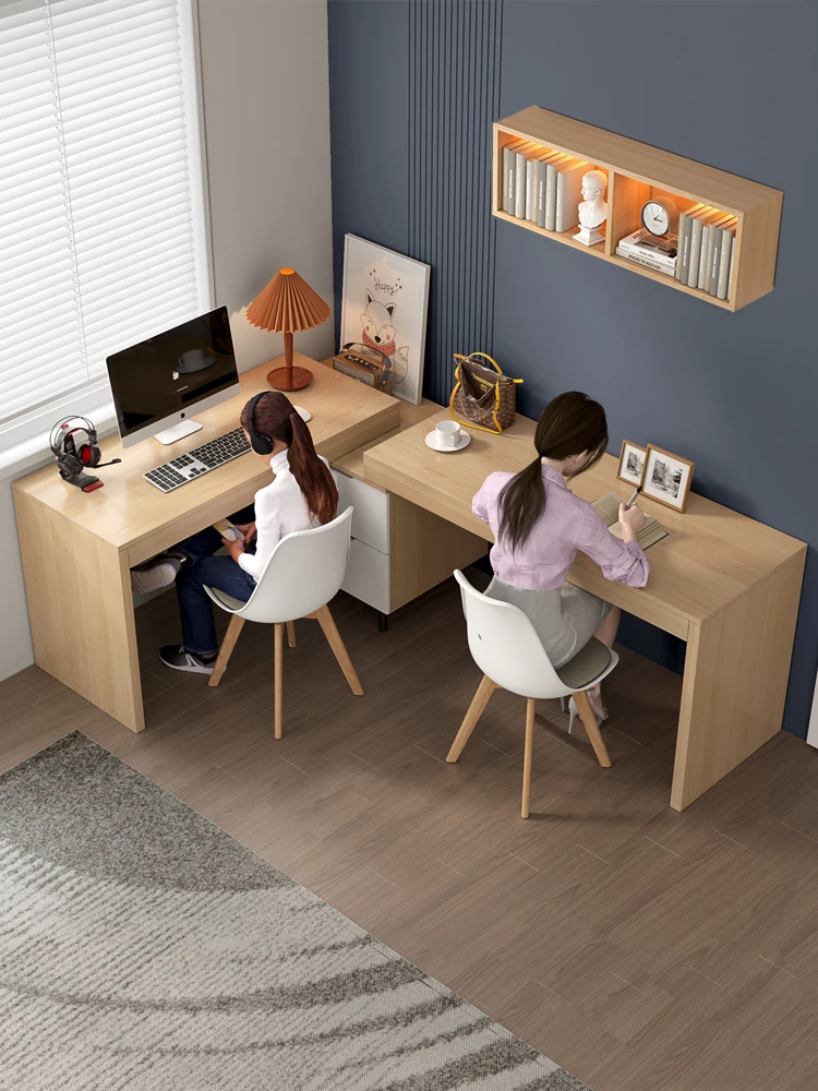 Mesa dupla simples e moderna, mesa de computador para duas pessoas com canto no peito, escrita doméstica, canto de madeira maciça
