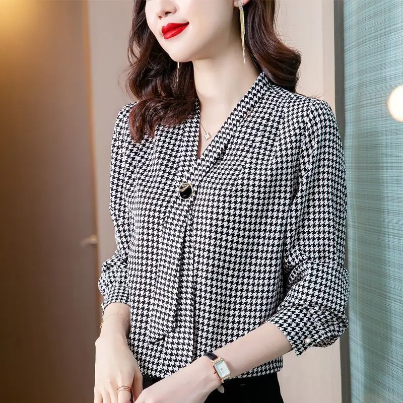 Houndstooth Print Elegant Chic Bow Tie Office Lady Shirts Spring Autumn Fashion V-neck Long Sleeve Loose Top Blouse Women Blusas