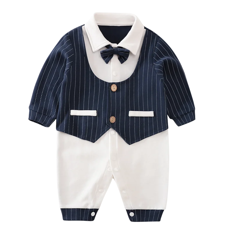 Spring and Autumn Newborn Stripe Suit Fake Two Piece Formal Set Long sleeved Pure Cotton Bow Gentleman Set