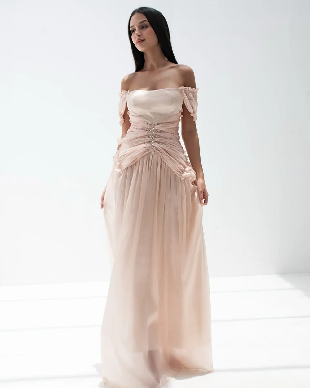 

Customized Elegant Fashion Chiffon Rhinestone Pleat Straight Off-the-shoulder Long Dresses Bespoke Occasion Dresses Matching