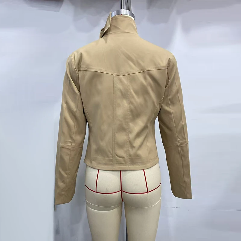 Damenjacken mit Stehkragen, Langen Ärmeln, Doppelreihigen Taschen, Frühlings- und Herbstmäntel, Einfarbig, Locker Geschnitten, Safari-Stil, Neue Oberbekleidung – Detail 5