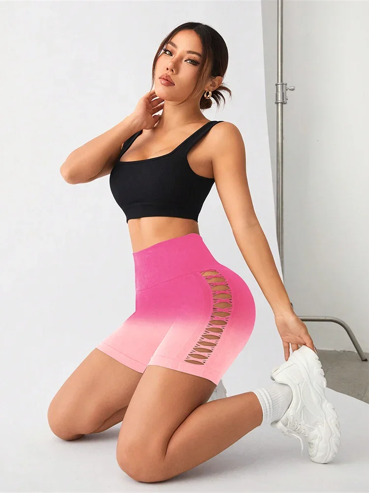 New Gradient High Waist Mesh Yoga Shorts Women\'s Running Fitness Hip Tight Sports Three-point Pants Gym Shorts biker shorts