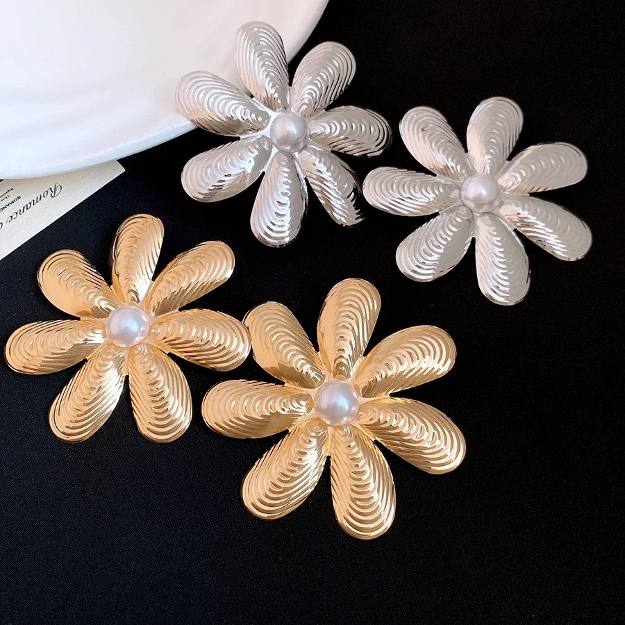 Gold and Silver Tone Textured Flower Stud Earrings with Central Pearl, Elegant Statement Jewelry for Women