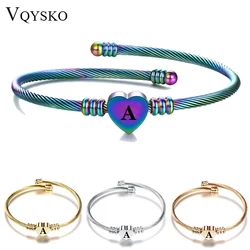 VQYSKO Rainbow Heart Initials Stainless Steel Bracelet 26 letters Engraved Custom Bracelet For Women Jewelry Girl Birthday