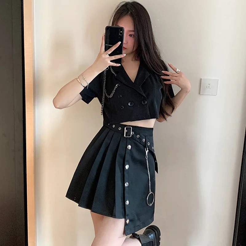 DUEWEER Black Cargo Mini Skirts Women's A Line High Waist Irregular Pleated Skirt Gothic Gyaru Fashion Japanese y2k Harajuku