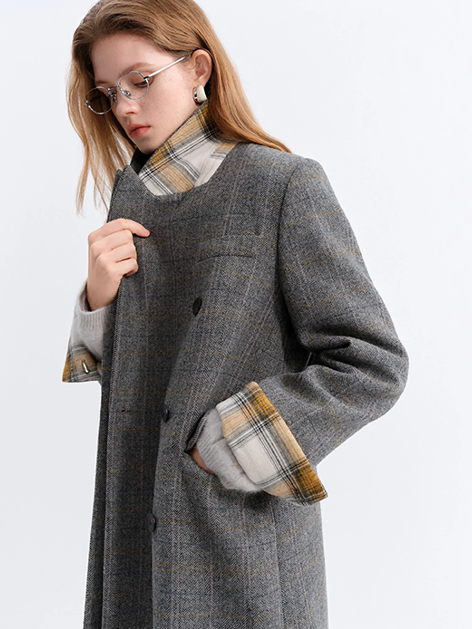 FSLE Blazer Woolen Coat Women's Winter 2025 New Korean Retro Woolen Coat Plaid Commuting Warm Mid-calf Temperament
