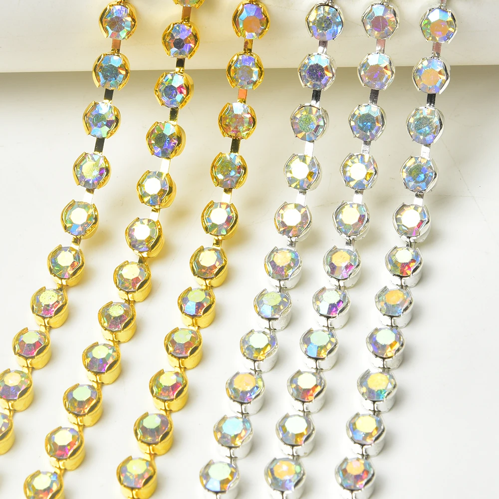Don\'t Hook Clothes 5 Meters Rhinestone Trim SS12-SS28 Round Glass Crystal Chain Sewing Wedding Dress Decorative Silver/Gold Base