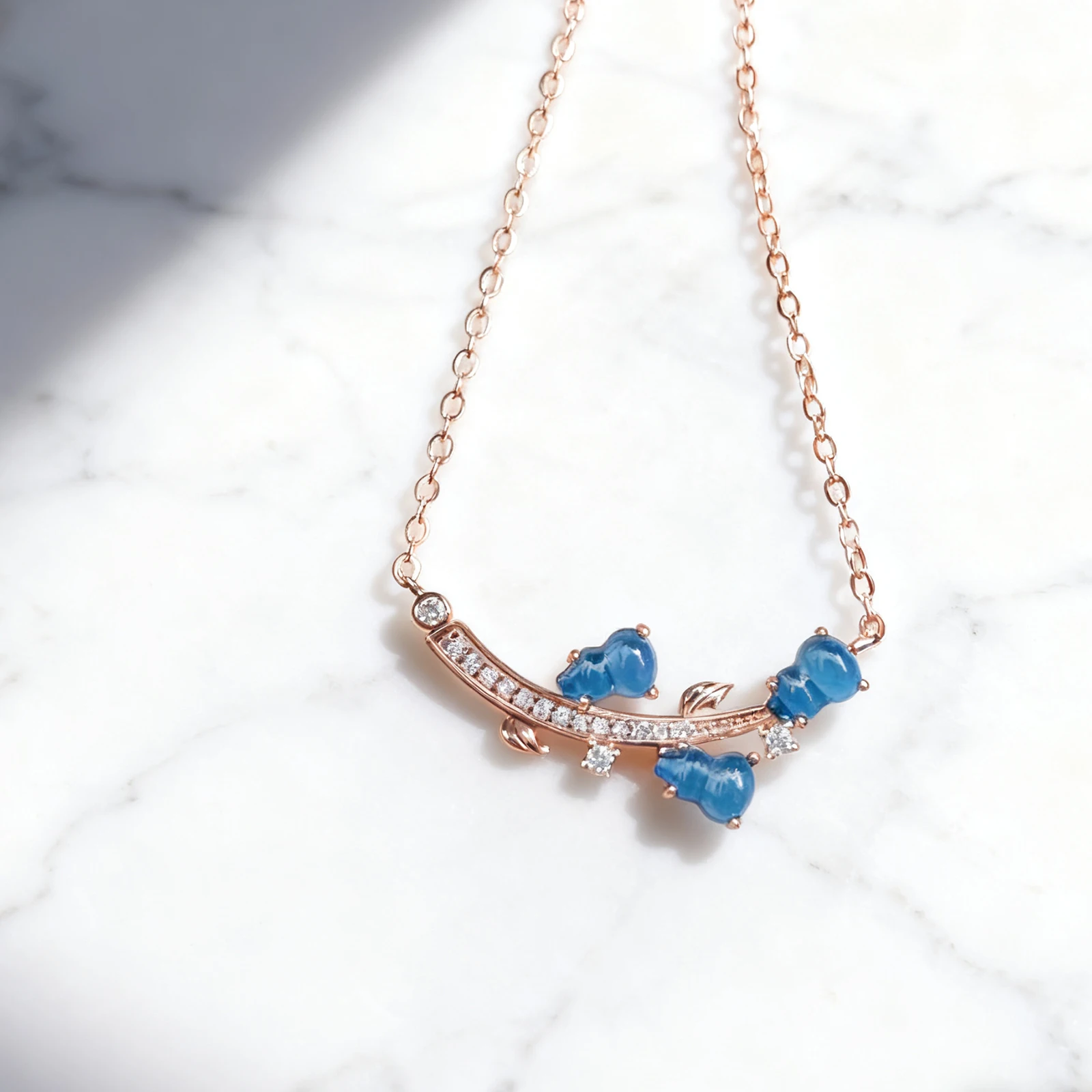 Romantic Leaf Design Pendant Necklace Rose Gold Plated with Blue Amber and Zircon Gift for Her Valentine Love Jewelry