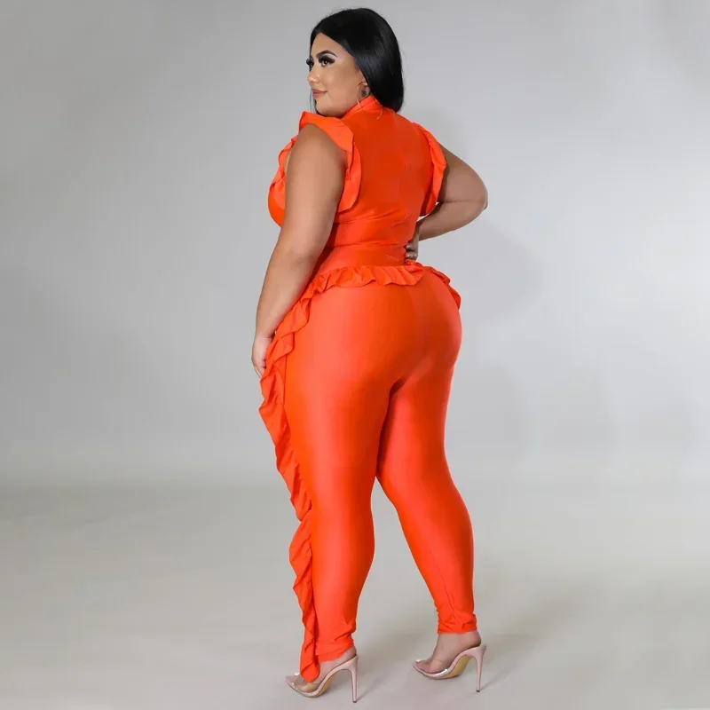 KEXU-mono con volantes laterales para mujer, conjunto de una pieza sin mangas, con cuello redondo, color naranja y negro, para fiesta y calle, talla grande