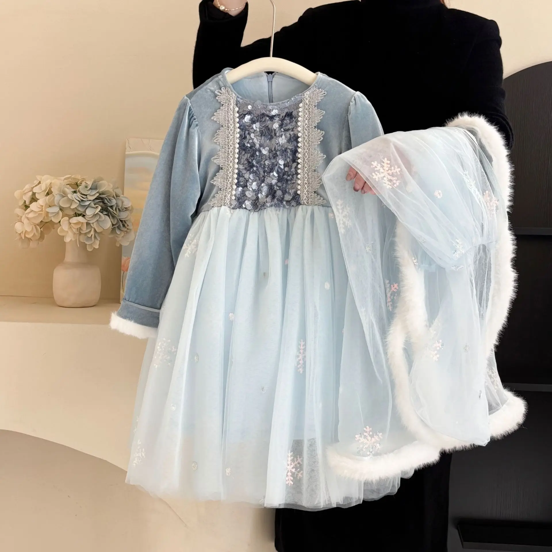 Girls Sweet Princess Dress Spring and Autumn Mesh Dress with Shawl Fashion Girls Birthday Fairy Dress