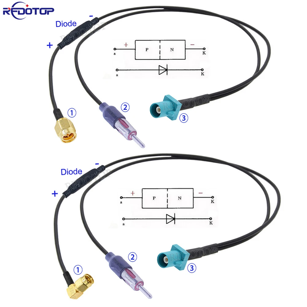 Fakra Z Male to SMA Male 90 Degree & DIN FM Male Y Type Splitter Cable With Diode RG174 Pigtail Car GPS Antenna Extension Cable