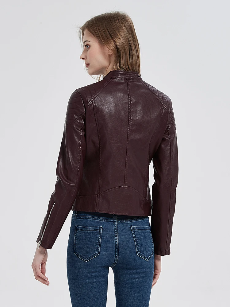 Veste en cuir pour femmes, manteau d'automne 2023 veste de motard à fermeture éclair, Beige noir couleur vin vêtements Chaqueta Mujer XL