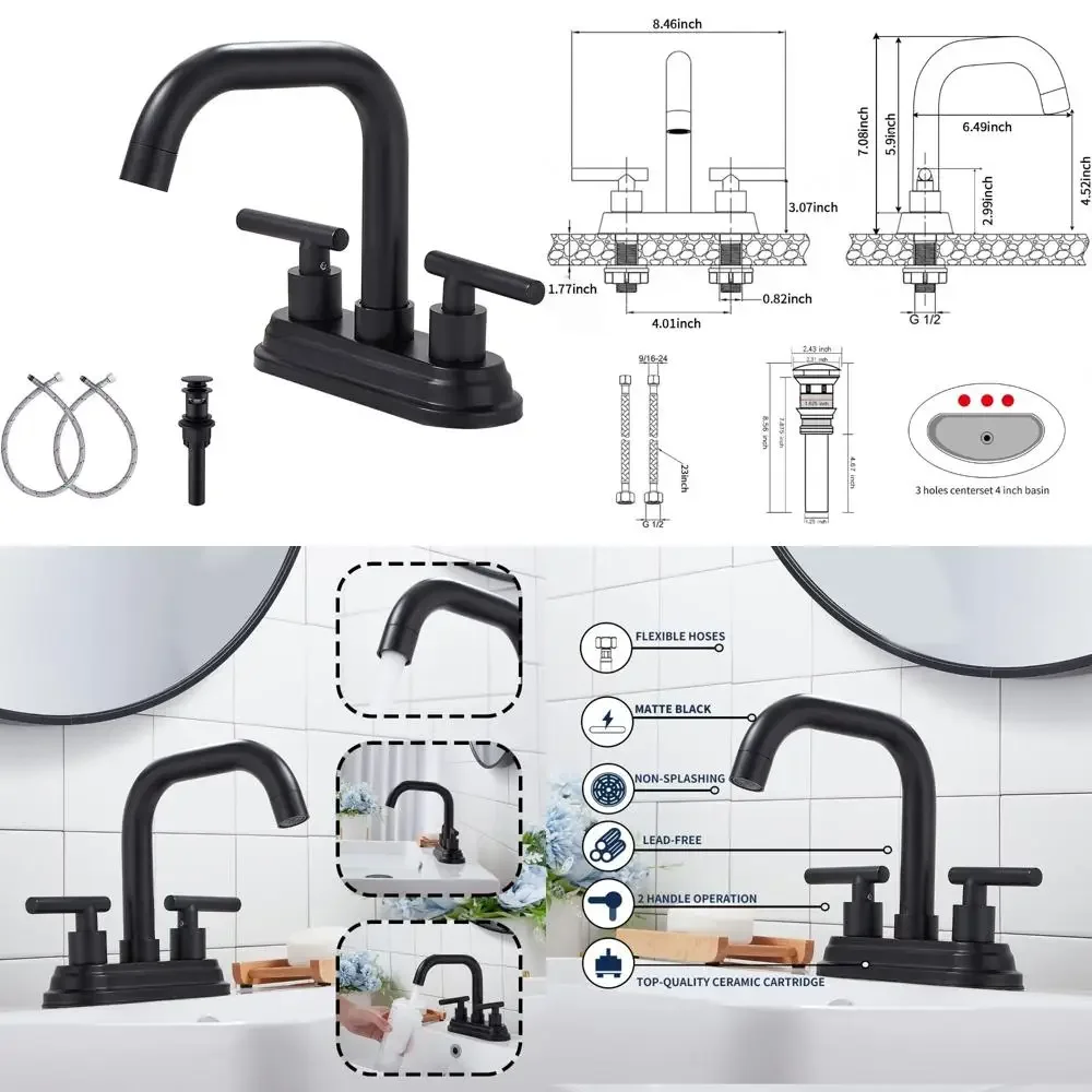 

Centerset 4 Inch 2-Handle Bathroom Vanity Faucet in Matte Black with Drain Assembly and Supply Hose for Lavatory Use