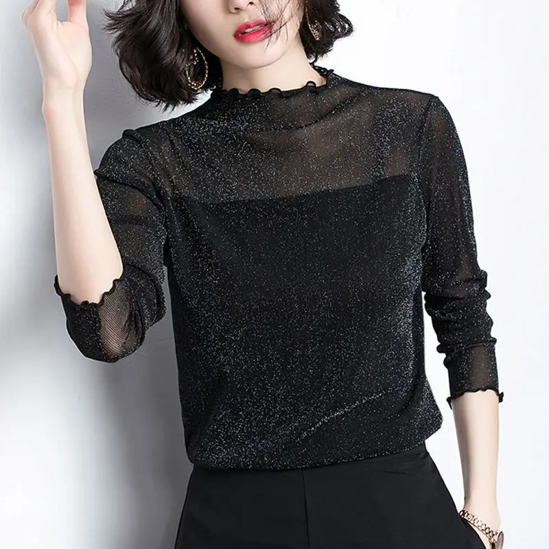 Spring Autumn Fashion Elegant Bright Silk Sexy Mesh Slim Party Club Basic T Shirt Women Korean Office Lady Black Long Sleeve Top