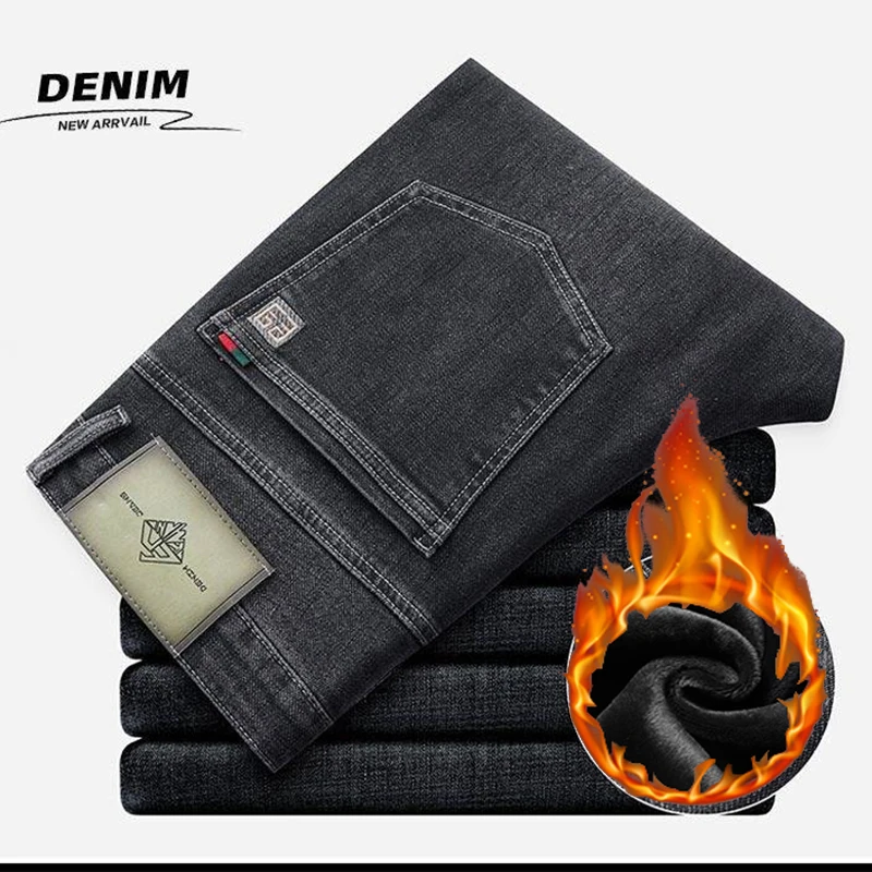 Winter Thermal Warm Fleece Men Jeans Male Slim Fit Straight Leg Work Denim Pants Comfortable Versatile Brushed Trousers