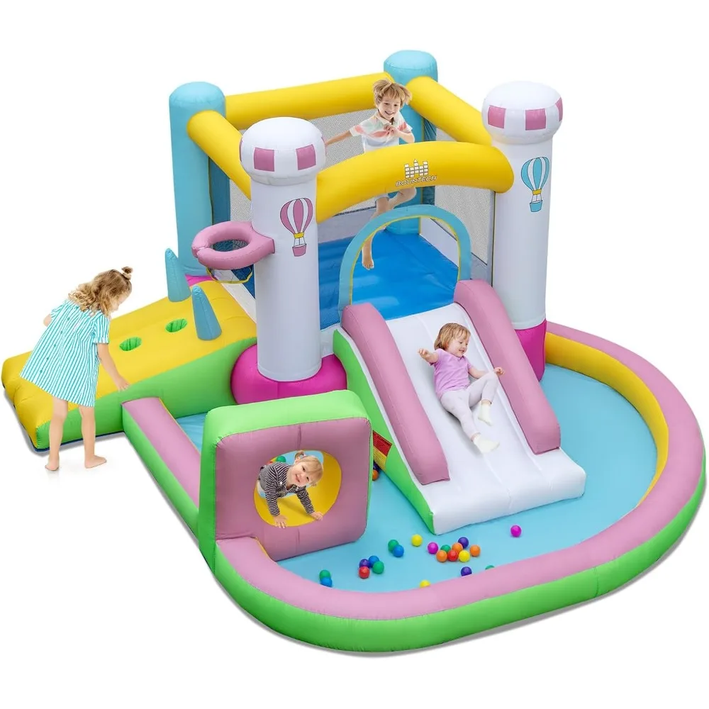 

Inflatable Bounce House, Bouncy House with Slide for Kids 3-6 Indoor Outdoor with Obstacle, Basketball Hoop, Ball Pit, Ring-toss