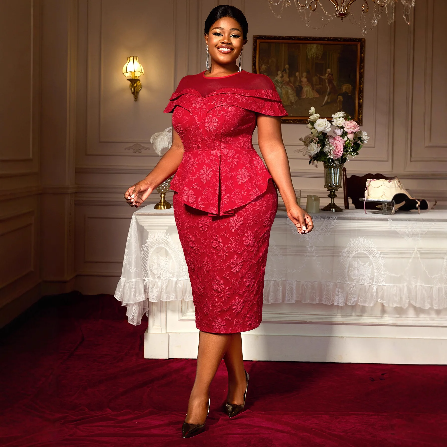 African Dresses for Woman O Neck Bodycon Jacquard Sheer Mesh Patchwork Slim Evening Celebrate Prom Gowns Wedding Guest Occasion