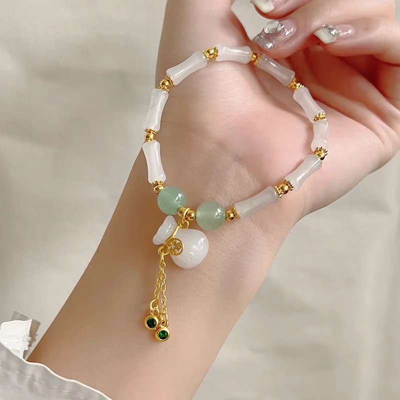 

Temple same natural white jade bamboo money bag bracelet women's retro single ring bracelet gift