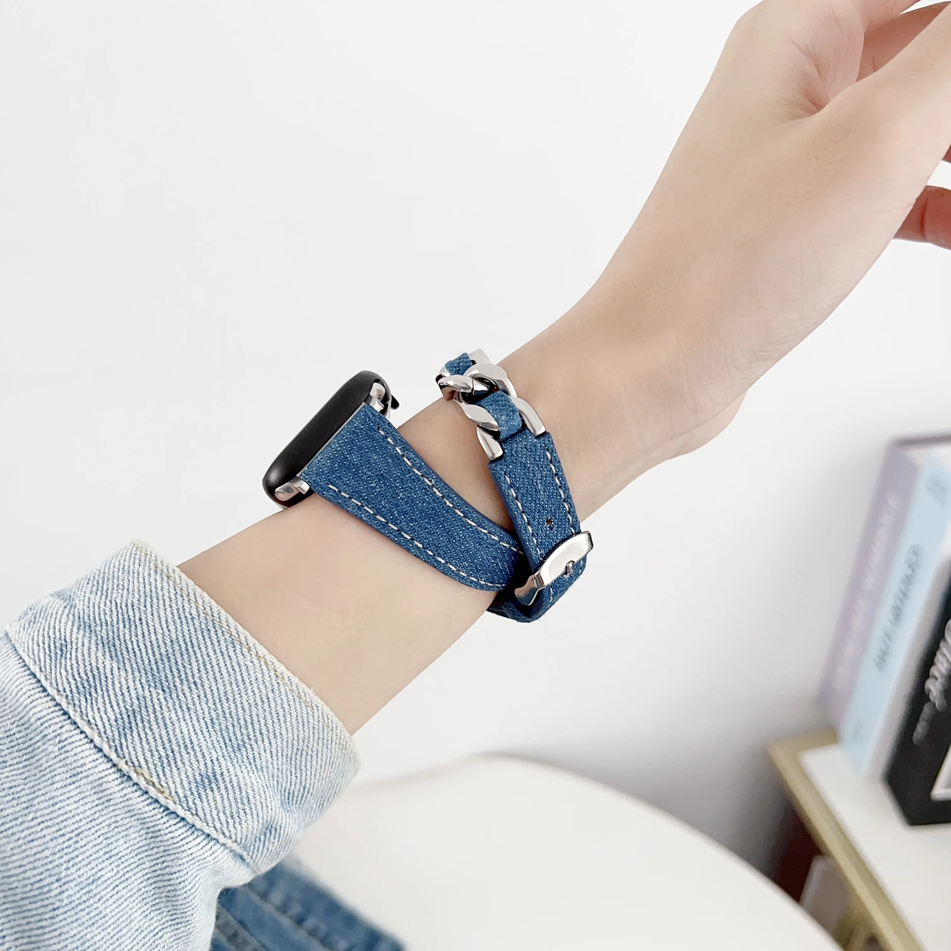 سلسلة ملابس دينيم لشريط ساعة أبل للنساء ، سوار ، إيوتش 987654321se موضة فائقة ، فولاذ مقاوم للصدأ ، 40 ، 41 ، 42 ، 44 ، 45