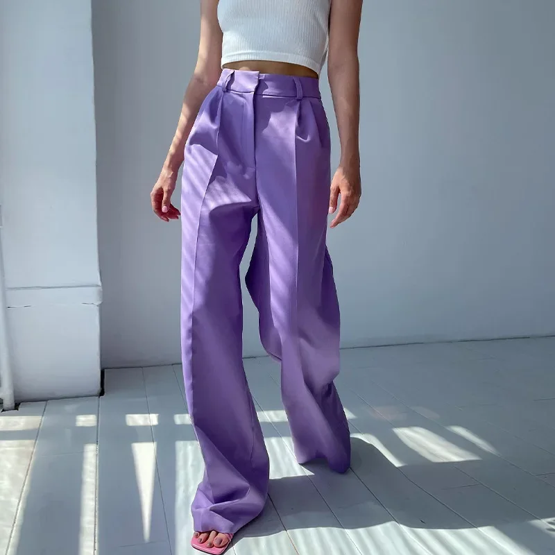 Pantalones de traje de pierna ancha de cintura alta para mujer, pantalones largos ajustados, cómodos y elegantes, Color sólido, moda de primavera y verano