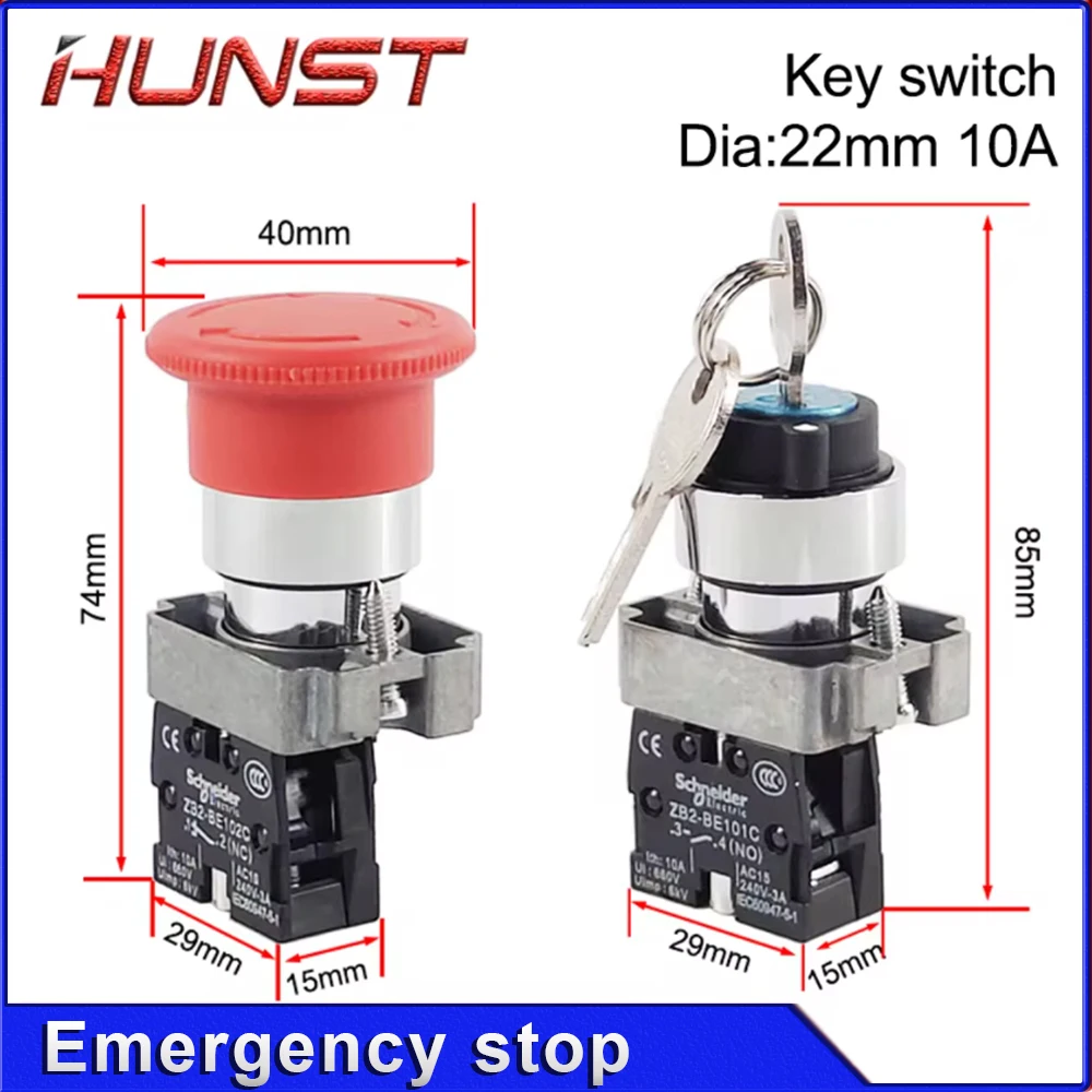 Hunst Emergency Stop Button NC Key Switch NO AC15 10A for CO2 Laser Engraving Cutting Machine