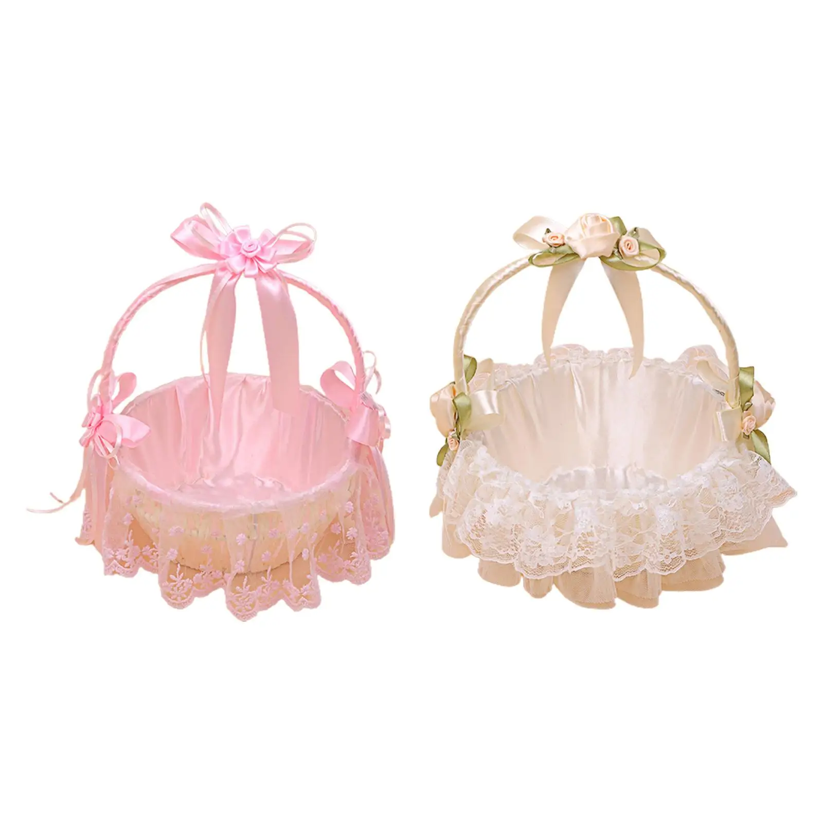 Lace Bow Flower Girl Baskets Satin Ribbons Basket for Ornaments Engagement