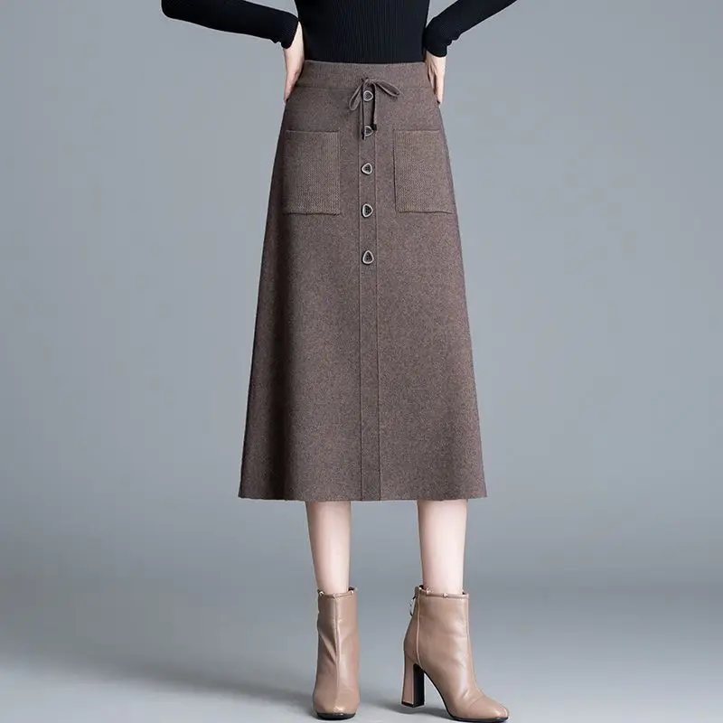 Woolen Skirt Autumn Winter 2024 High Waist Hanging Feeling Making It Slim Versatile.medium to Long Knitted One-step Skirt