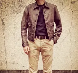 Vintage America Style Men's Spring Autumn Fall Real Genuine Leather Coat Natural Cowhide Jacket for Male Motorcyclist Brown 5xl