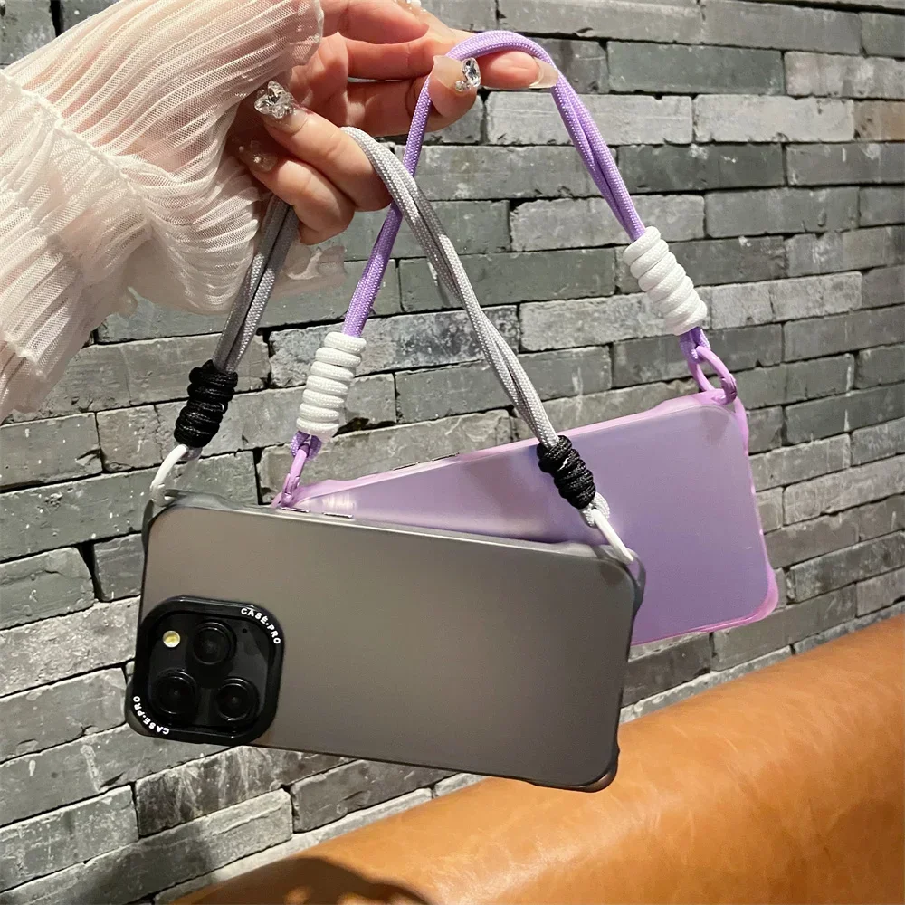 Fashion Hanging Rope Four Corner Anti Drop Phone Case for iPhone 15 14 13 12 11 Pro Max 14 15 Plus Long lanyard Shockproof Cover